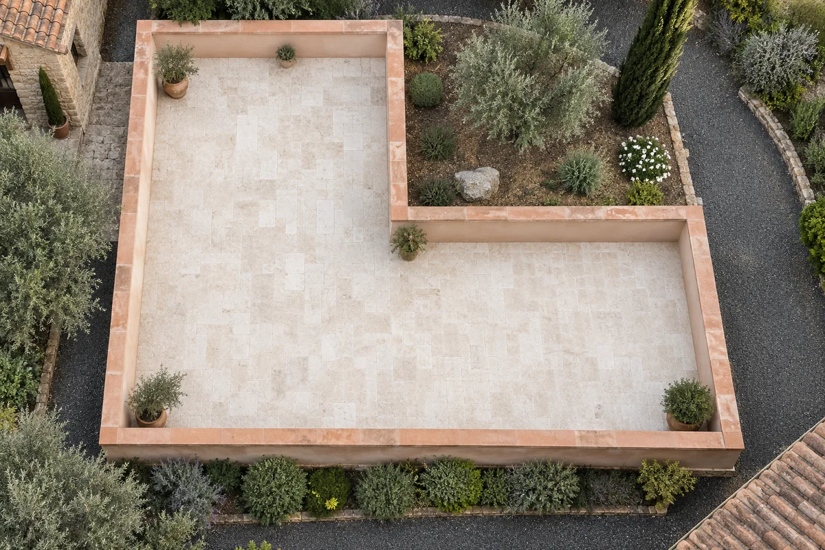 Aerial view of a concave L-shaped courtyard with a visible perimeter