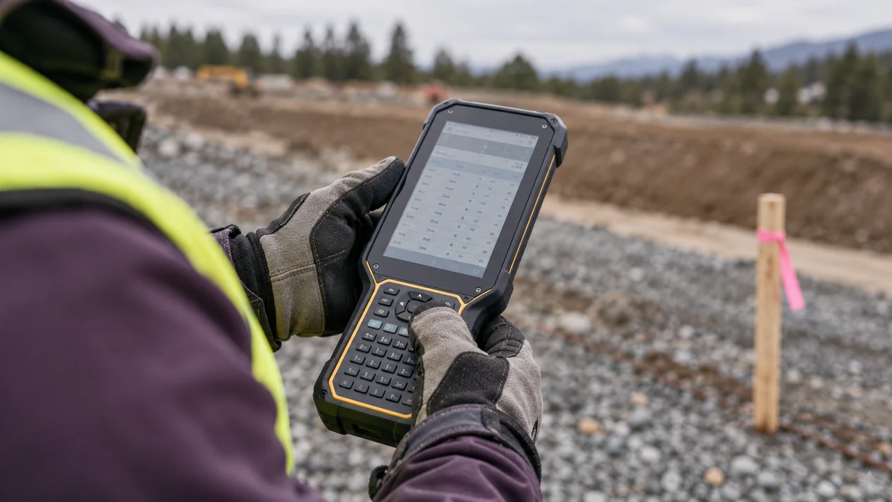 Generated editorial image of gloved hands reviewing survey data on a handheld field controller