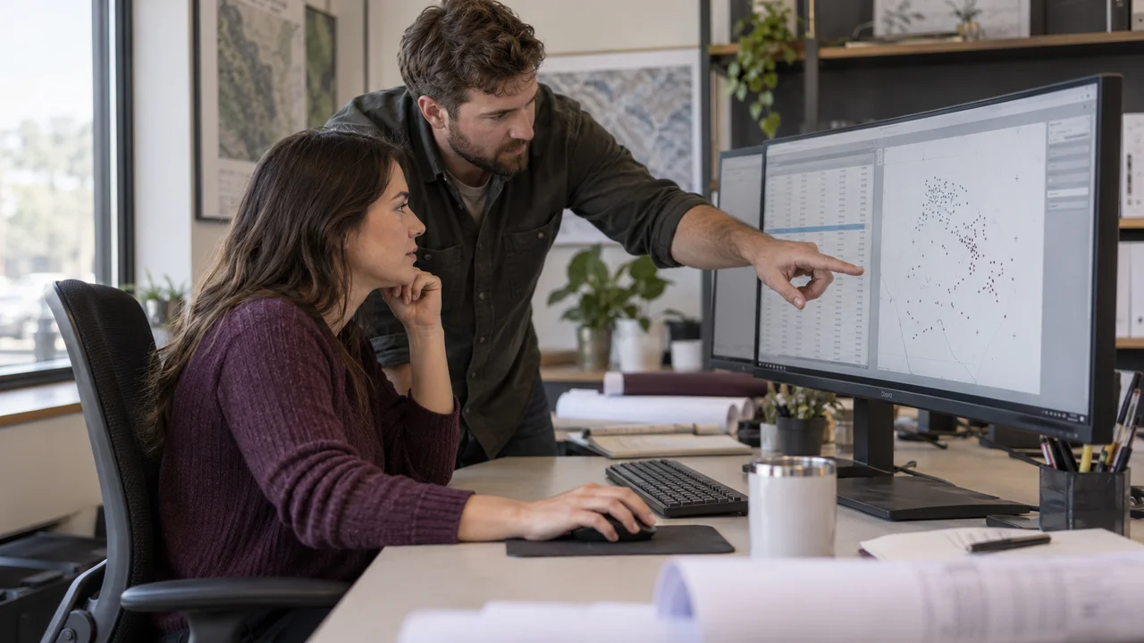 Generated editorial image of two survey technicians reviewing a point table and plot in an office