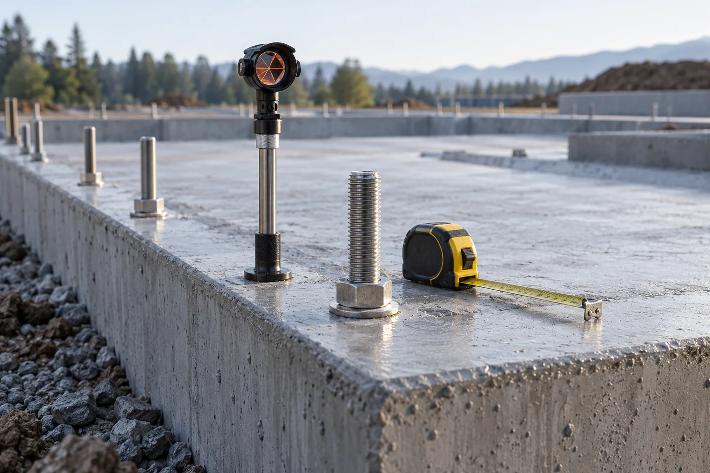Generated editorial photograph of a prism and anchor bolts on a concrete foundation