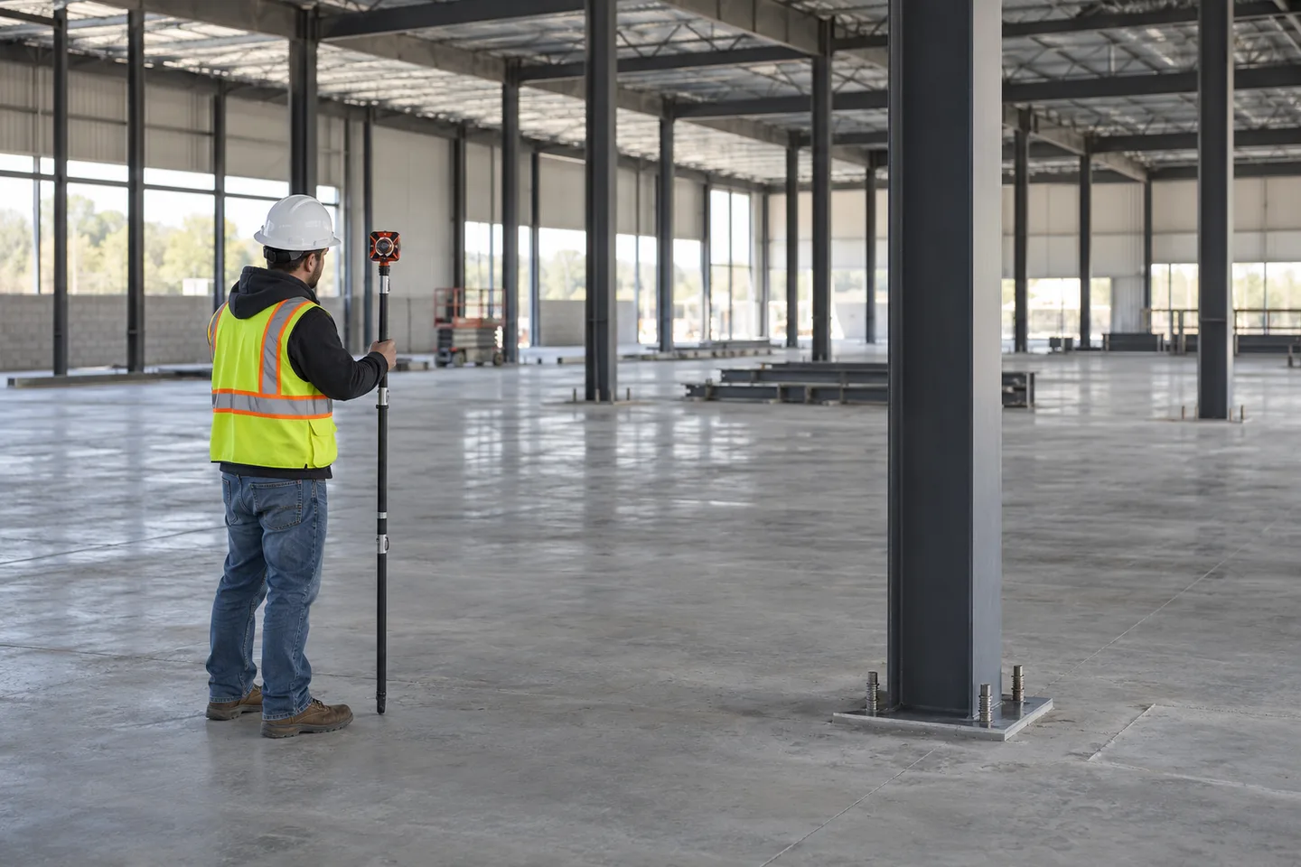 Generated editorial photograph of a survey technician with a prism pole beside steel building columns