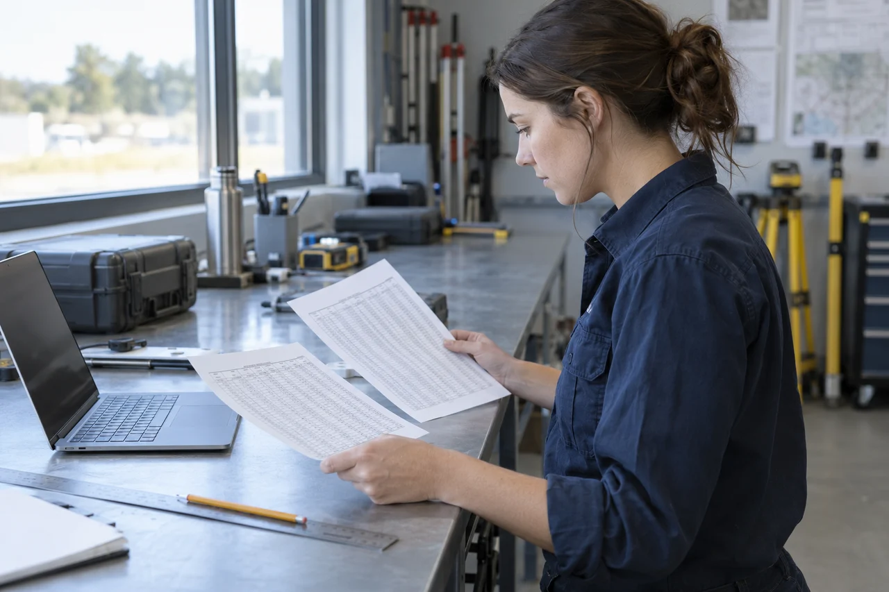 Generated editorial photograph of a technician comparing two point-table printouts beside a laptop