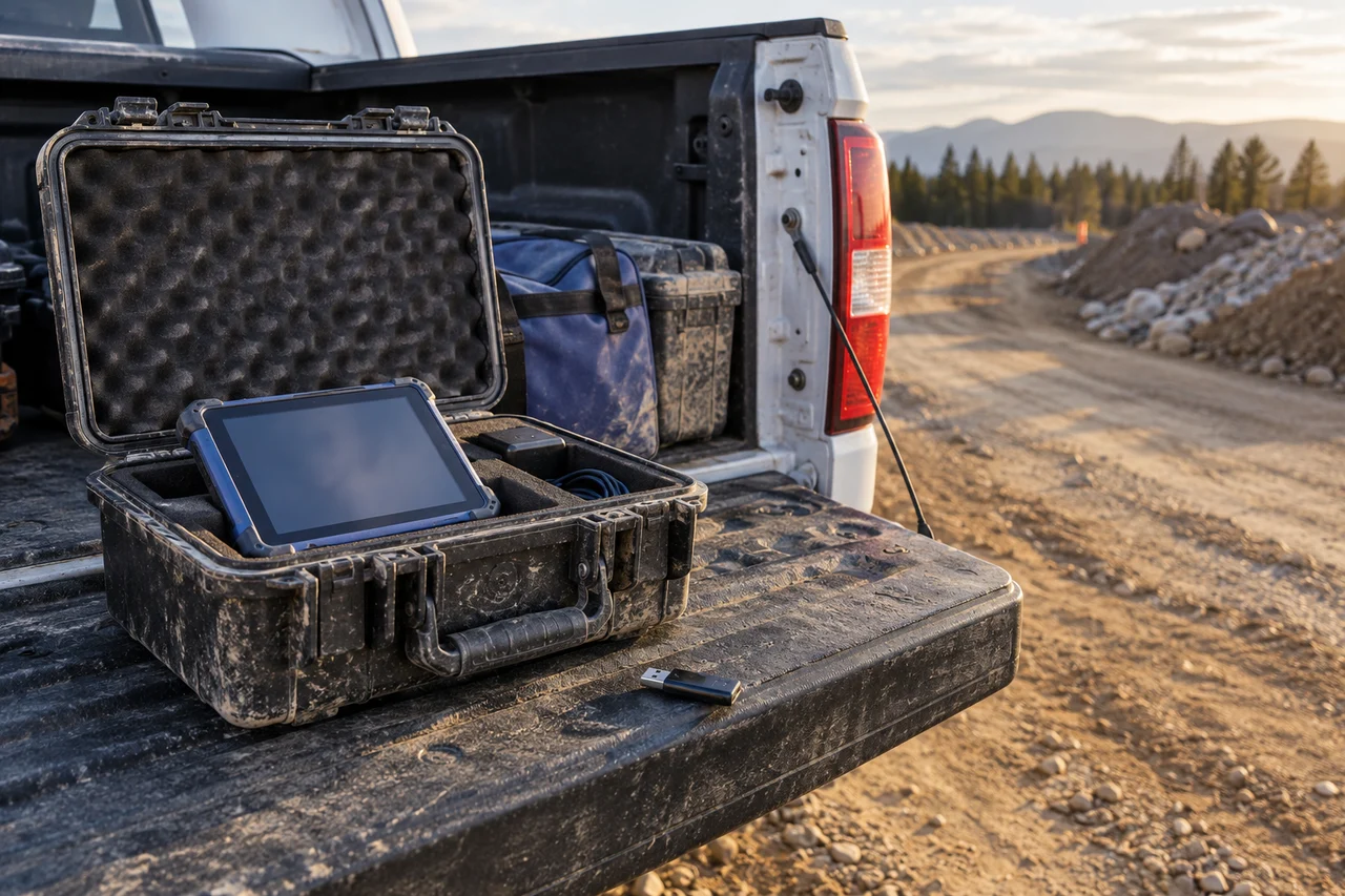 Generated editorial photograph of a rugged survey equipment case and USB drive on a vehicle tailgate