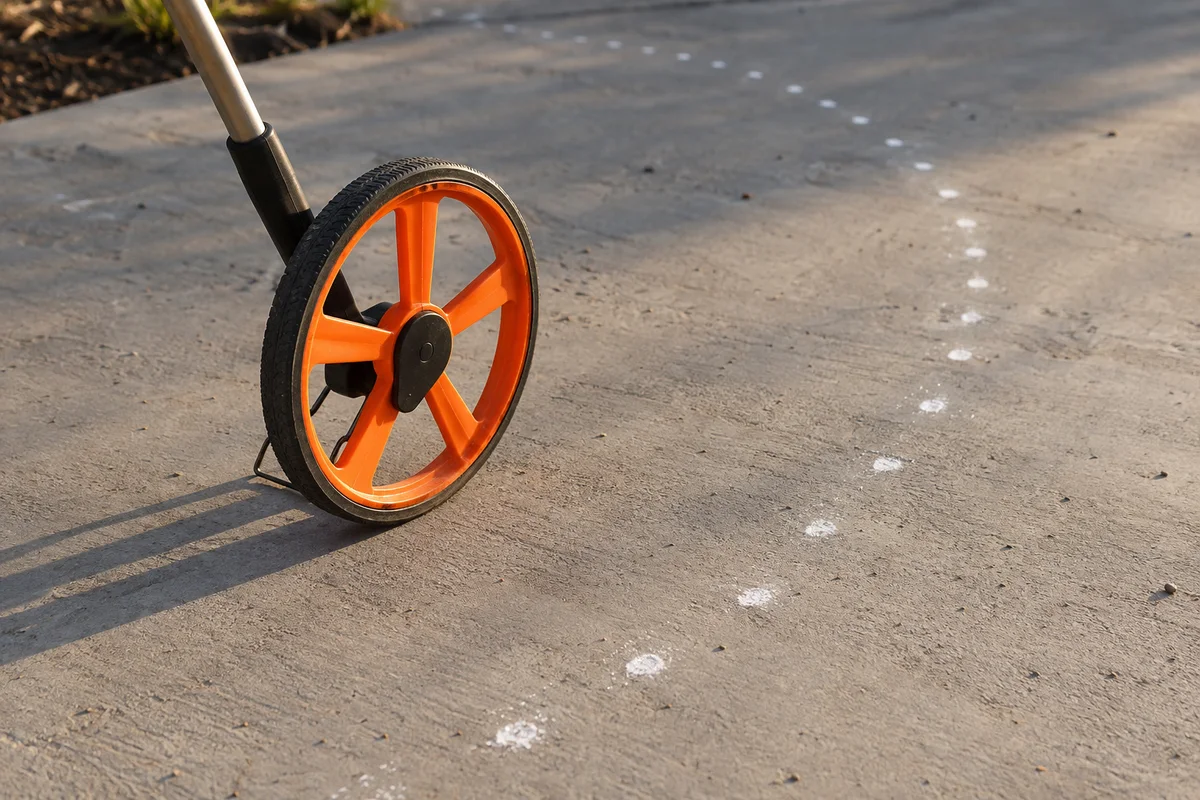 Measuring wheel beside curved chalk marks