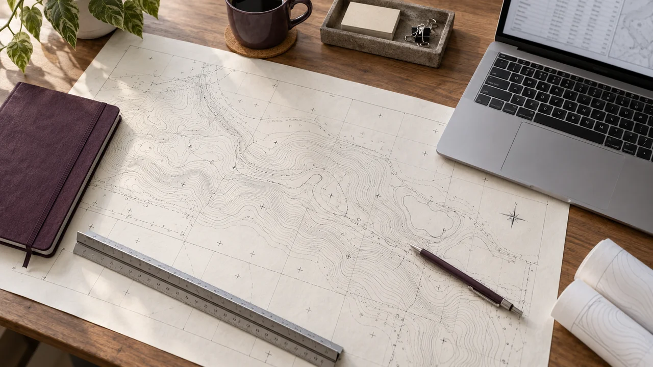 Generated editorial image of a synthetic survey plan, field notebook, and laptop on a desk