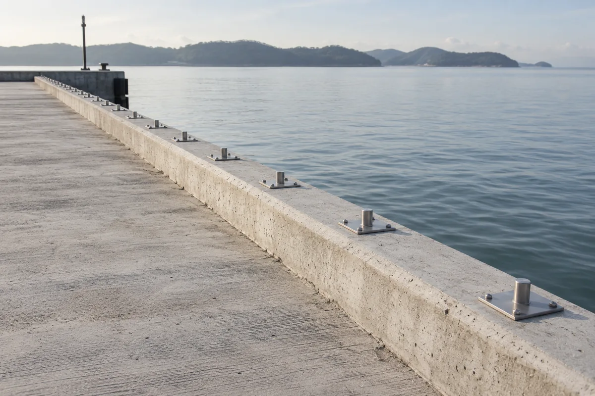 Steel mounting plates arranged along a straight concrete waterfront pier