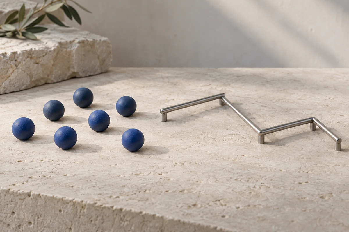 Blue ceramic spheres beside an angular steel rod on a limestone surface