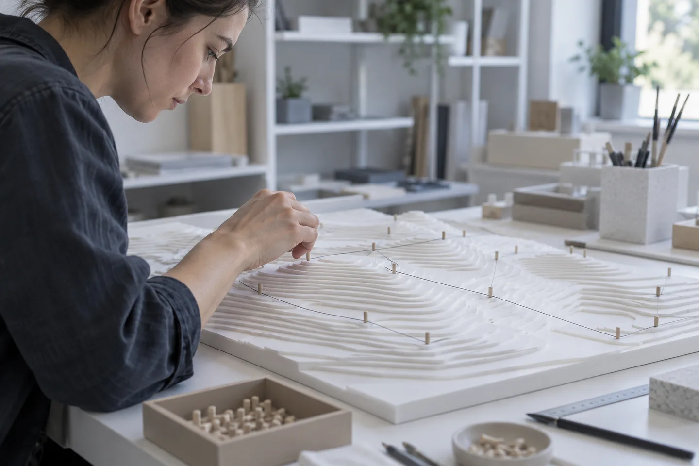 Generated scene: a model maker placing small pegs on a physical contour model