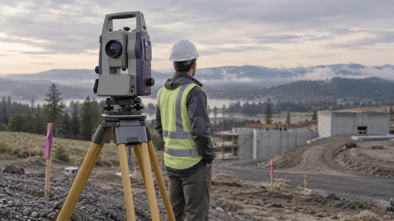 Generated editorial image of a survey instrument and a surveyor at a construction site