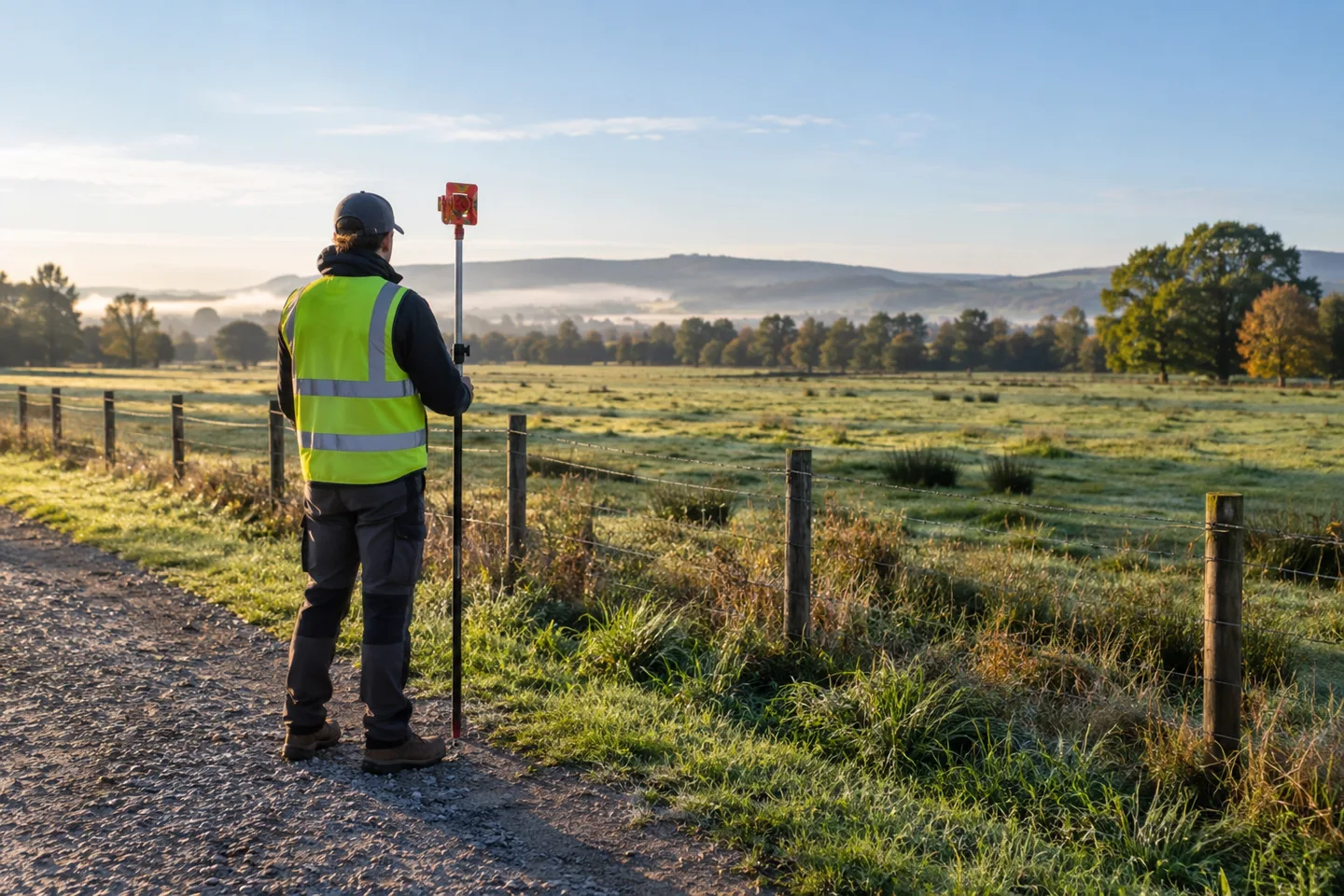 Generated editorial photograph of a surveyor beside a gravel path and grassy field