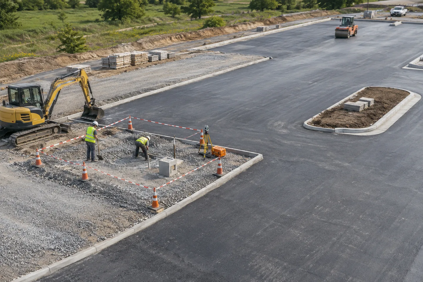 Generated editorial photograph of a small marked work zone within a larger construction site
