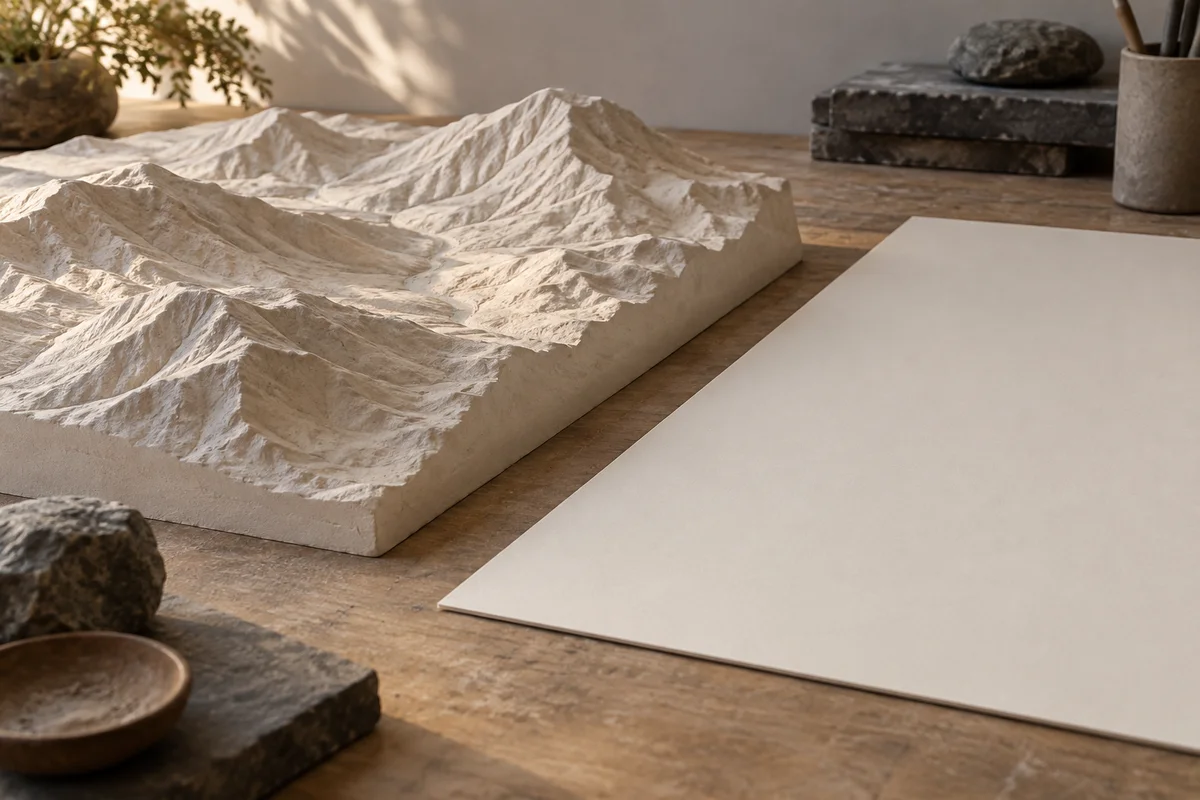 Relief terrain model beside a flat map sheet