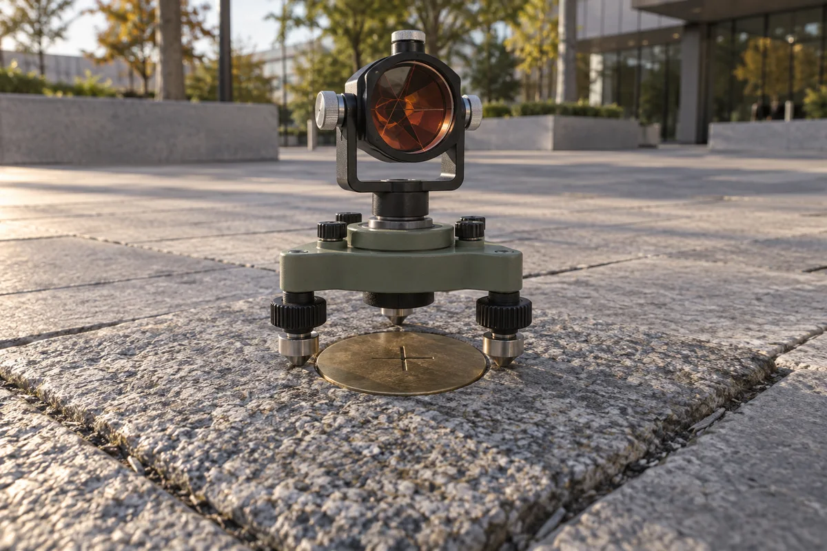 Survey prism above a brass control mark in paving