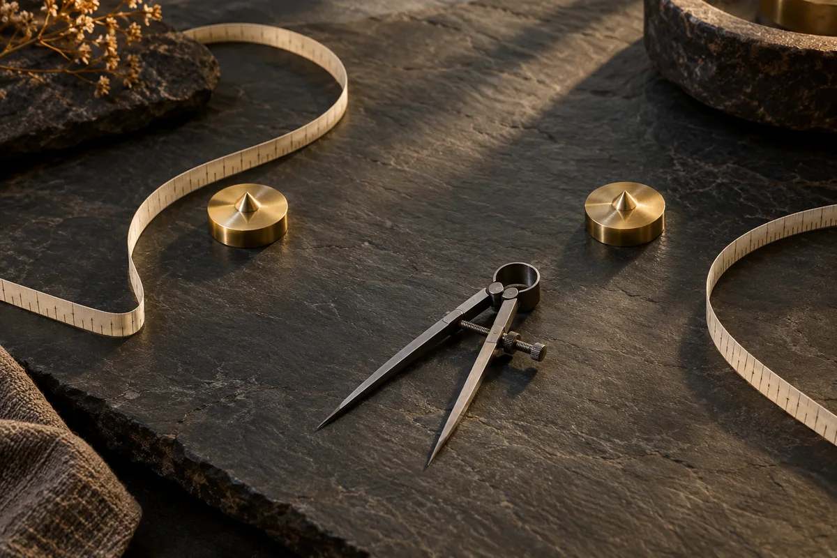 Two brass targets and dividers on a slate surface illustrating candidate review
