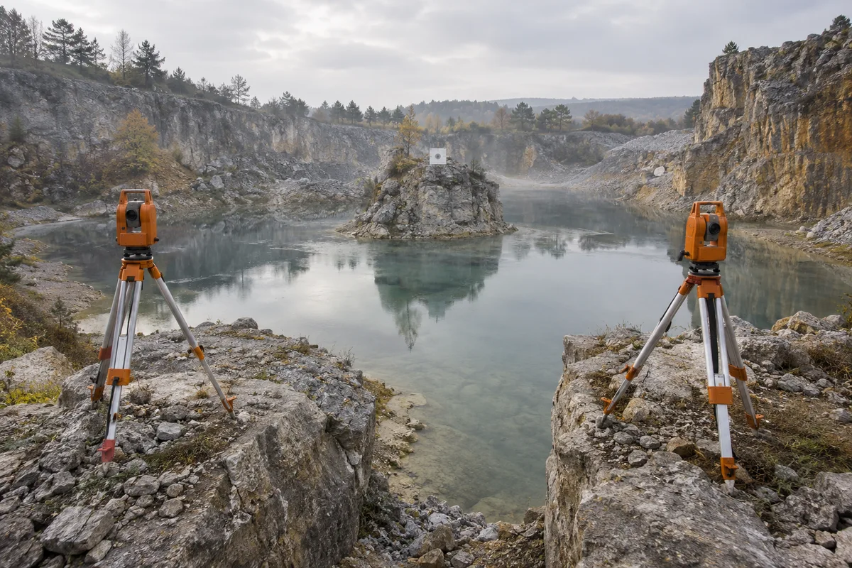 Two survey instruments facing an isolated quarry target across water