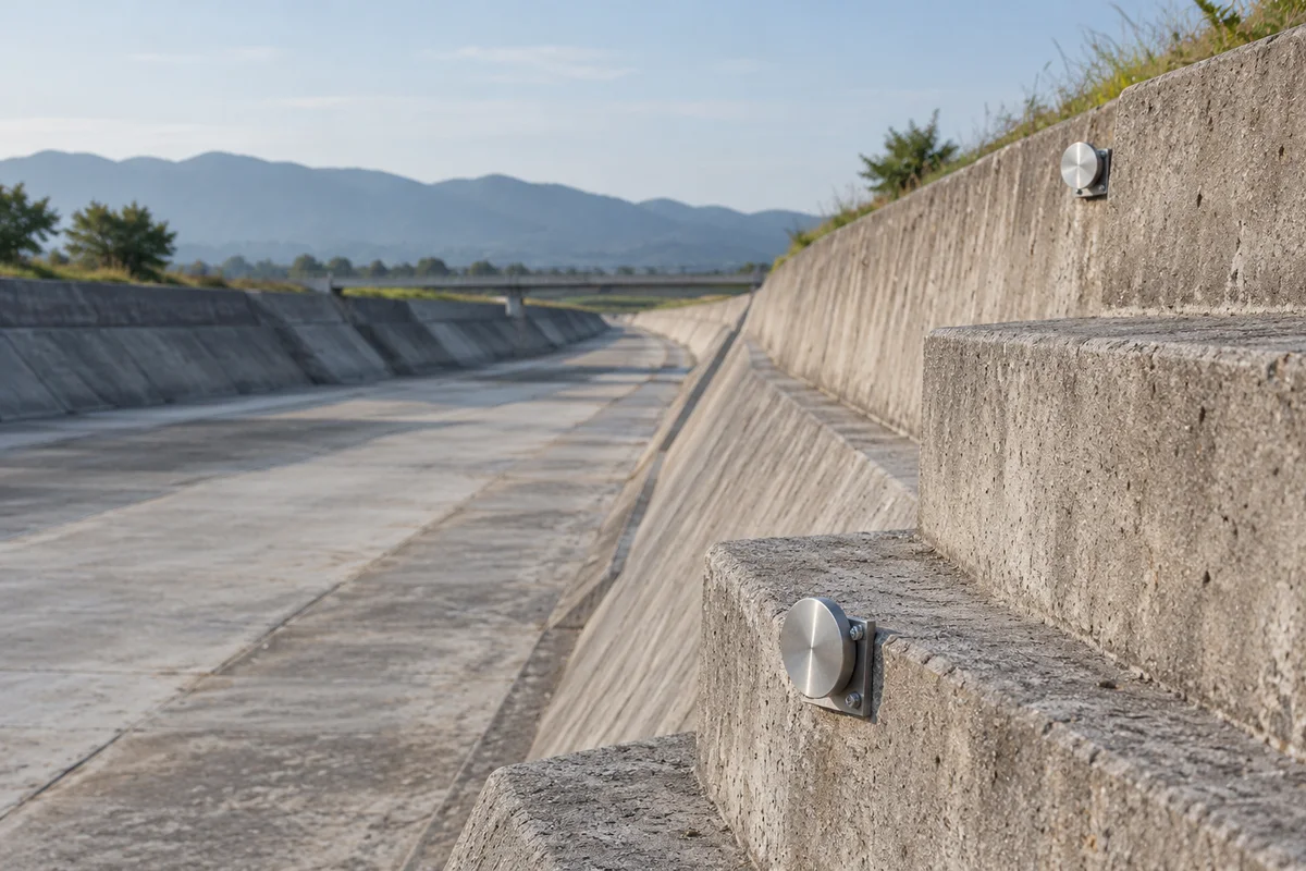 Generated editorial image of metal survey targets at different heights on a concrete channel wall