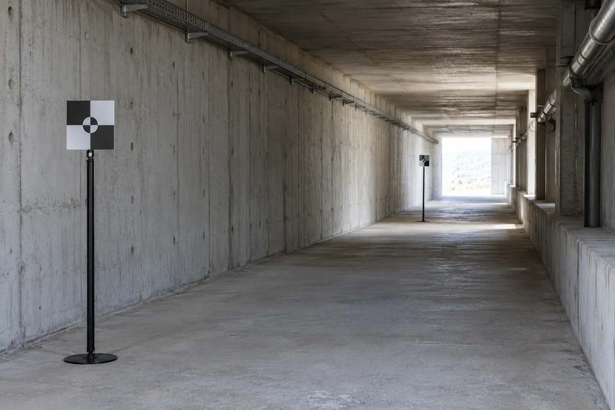 Generated editorial image of two sighting targets in a concrete service gallery