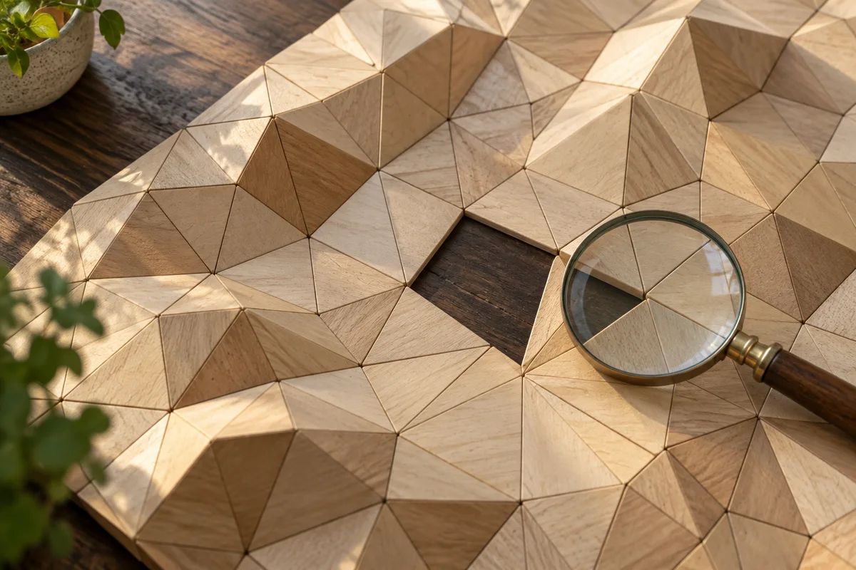 A magnifier beside an opening in a triangular wooden terrain model