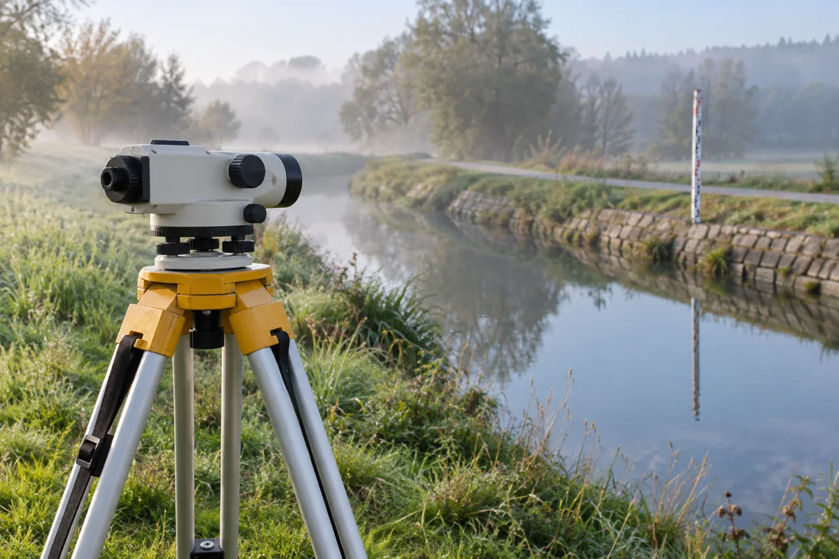 Optical level on a canal bank with a distant staff