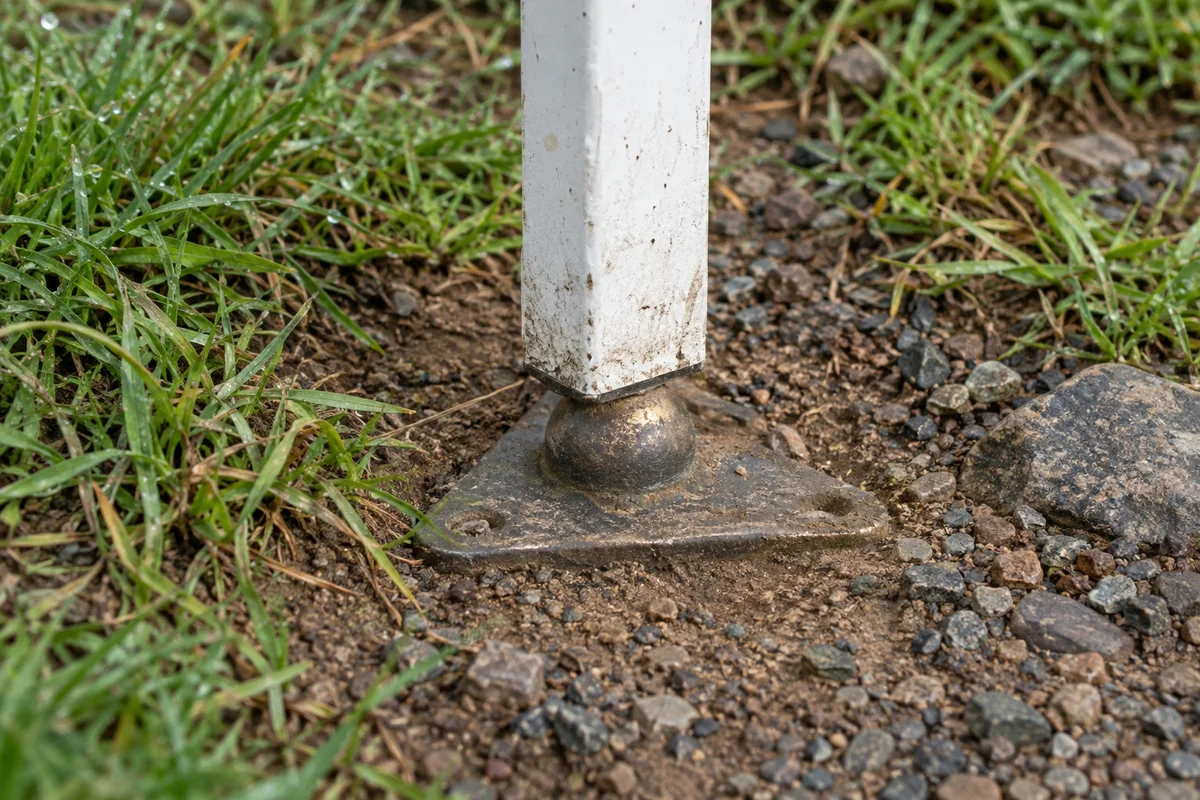 Leveling rod heel resting on a metal turning plate