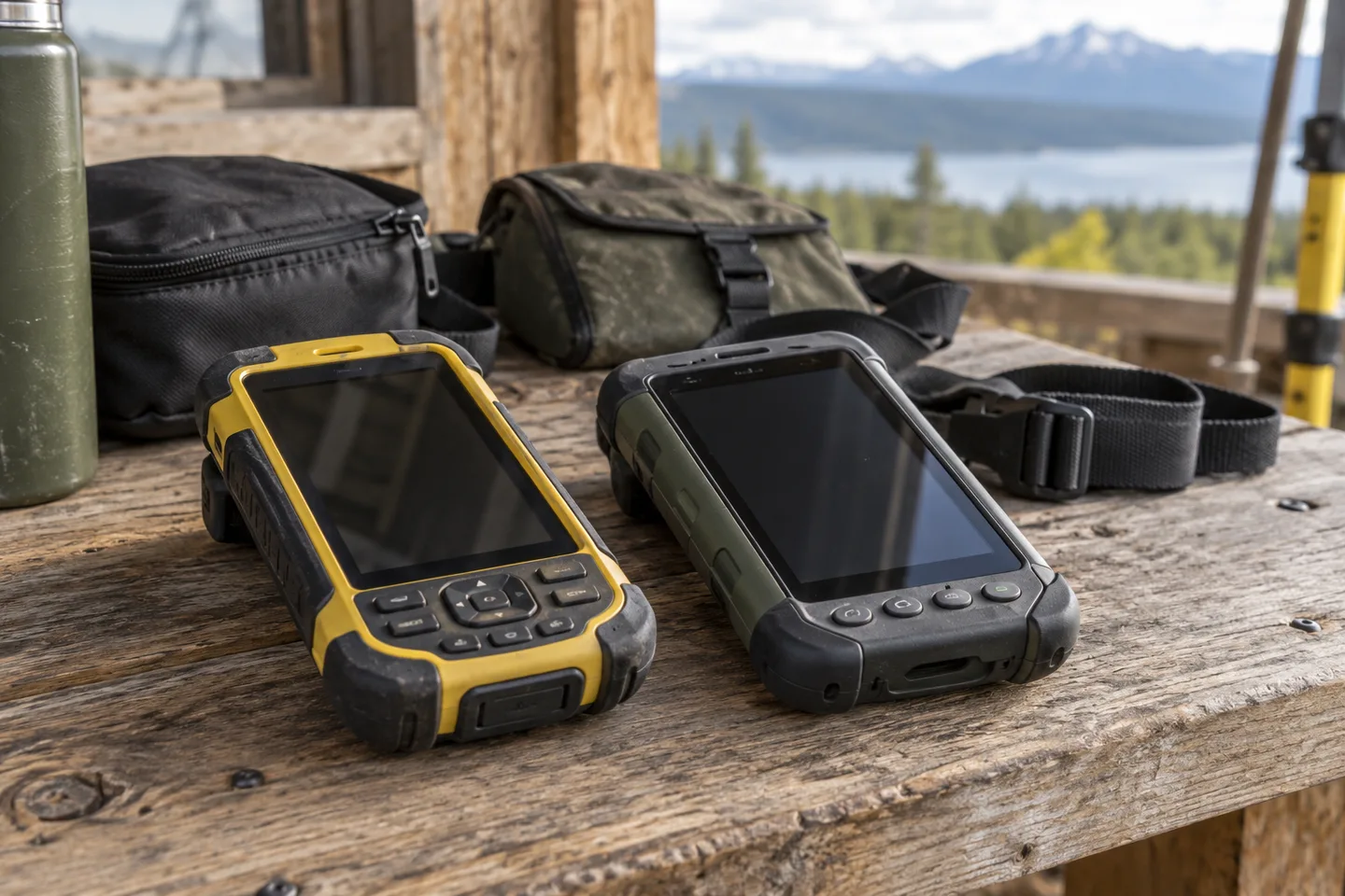 Generated editorial photograph of two rugged data collectors on an equipment bench