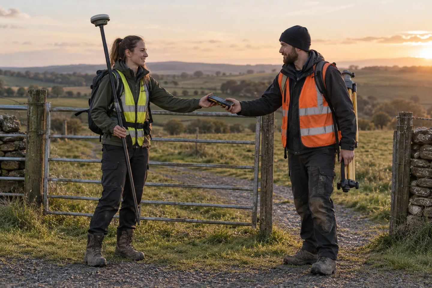 Generated editorial photograph of two survey crew members handing over a field collector