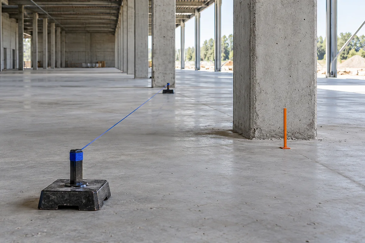 Generated editorial photograph of a blue survey baseline beside concrete columns