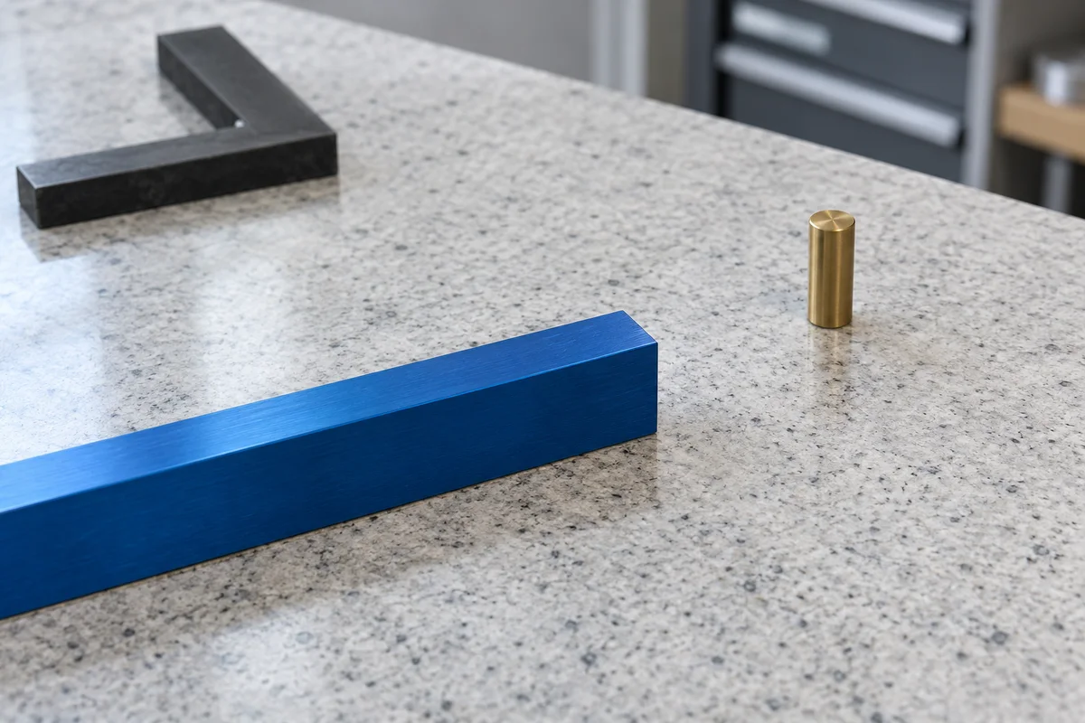 Generated editorial photograph of a blue straightedge endpoint and a brass inspection pin beyond it