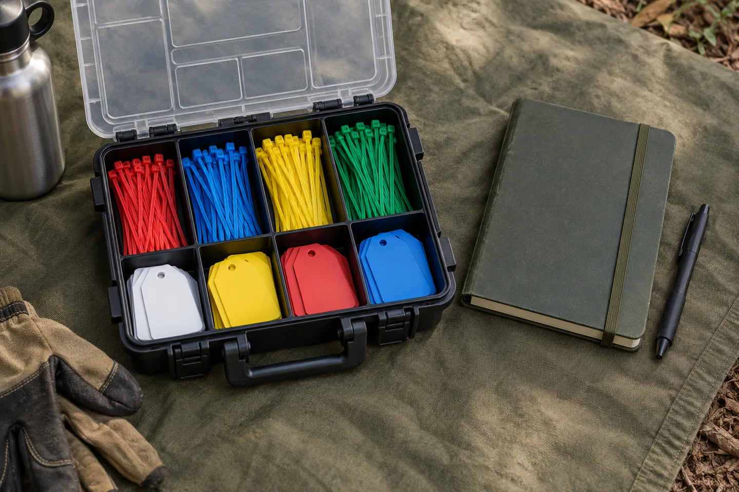 Generated editorial photograph of blank tags, cable ties and a closed field notebook