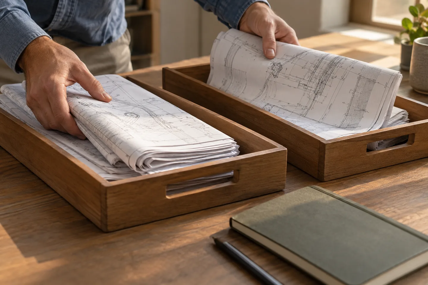 Generated scene of engineering papers separated into two document trays