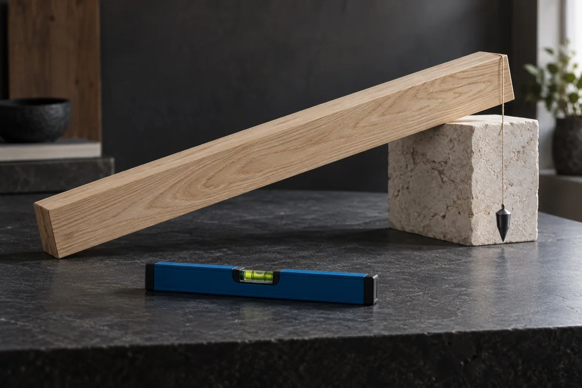 Inclined wooden beam, plumb line and separate spirit level on a dark table