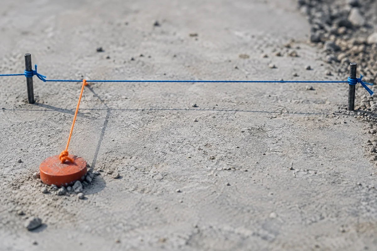 Blue baseline string and an orange offset string leading to a ground marker
