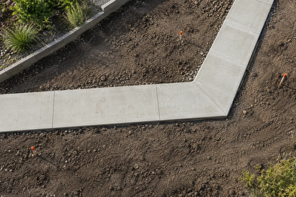 Overhead view of an angular concrete path with orange survey markers