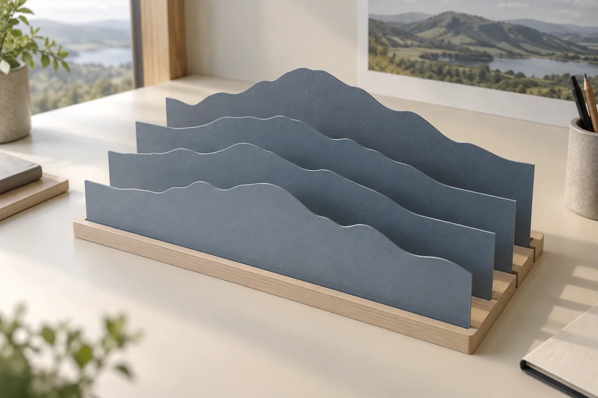 Parallel blue-grey card silhouettes of rolling terrain profiles