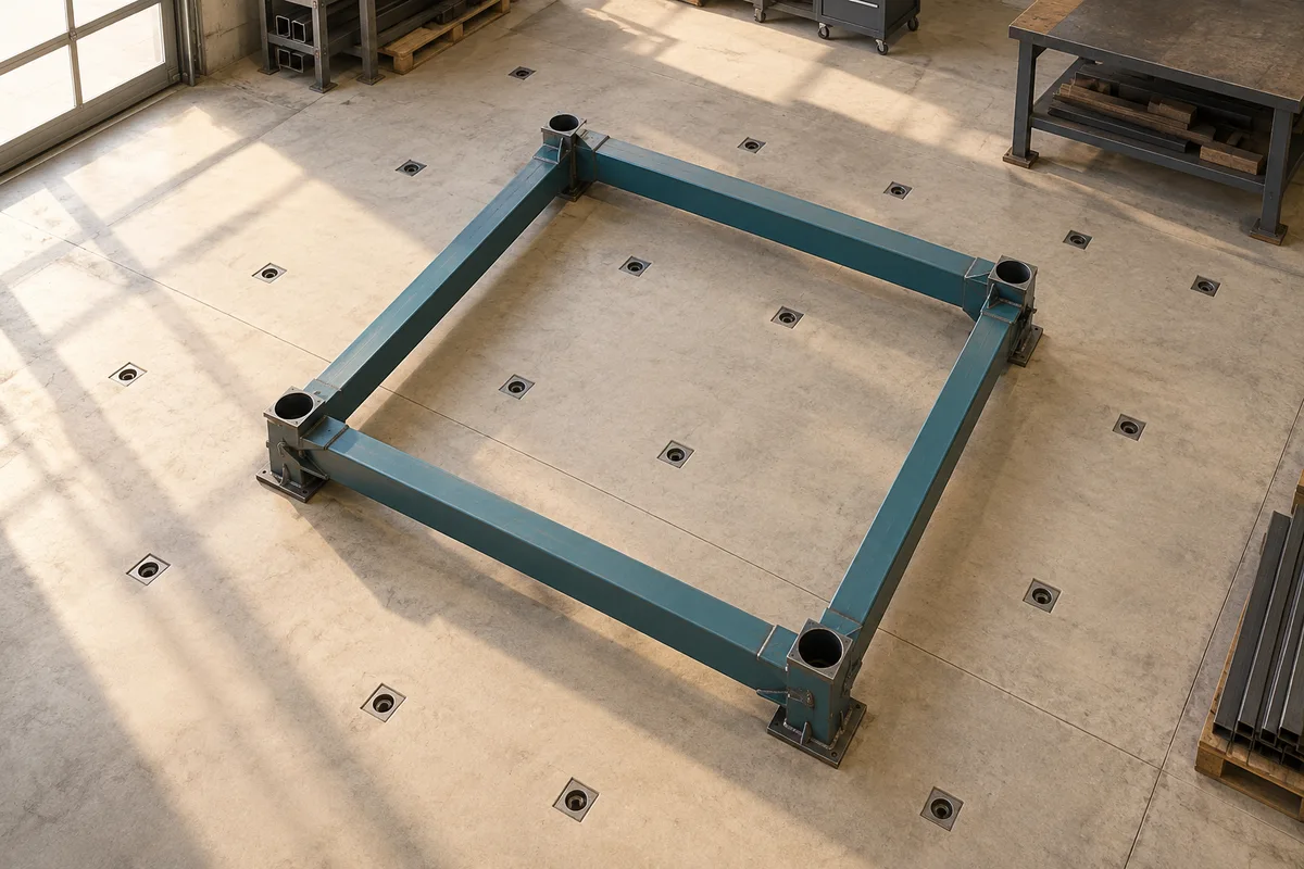 Teal steel positioning frame rotated relative to a workshop floor socket grid