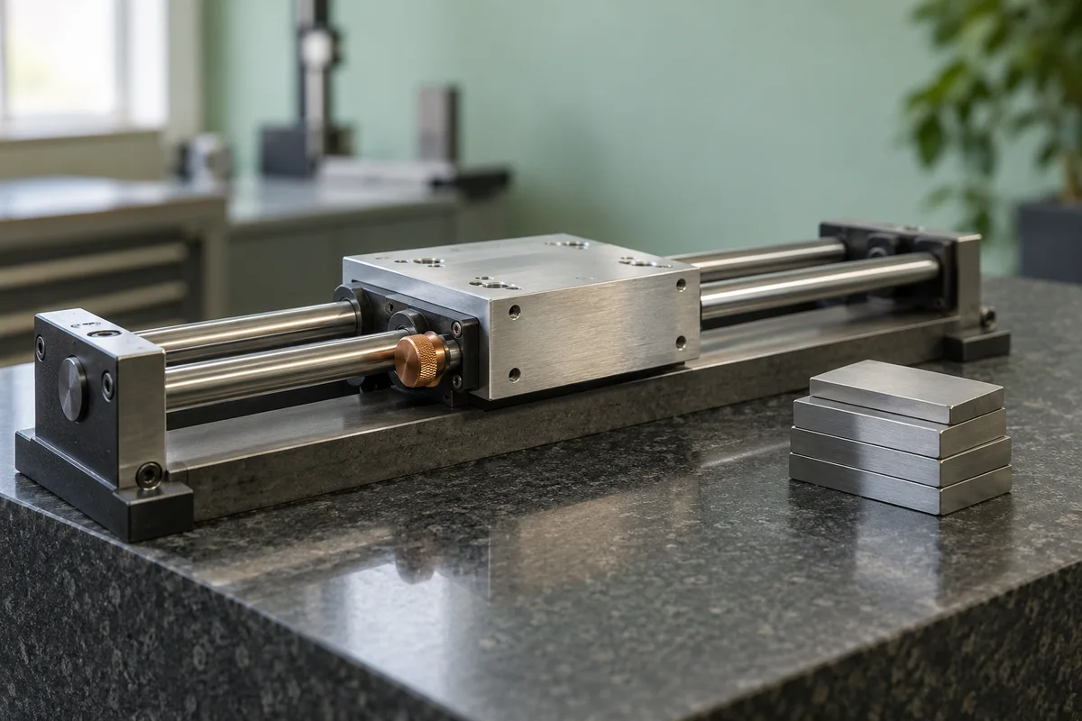 Linear translation stage and separate precision spacer blocks on a dark metrology bench